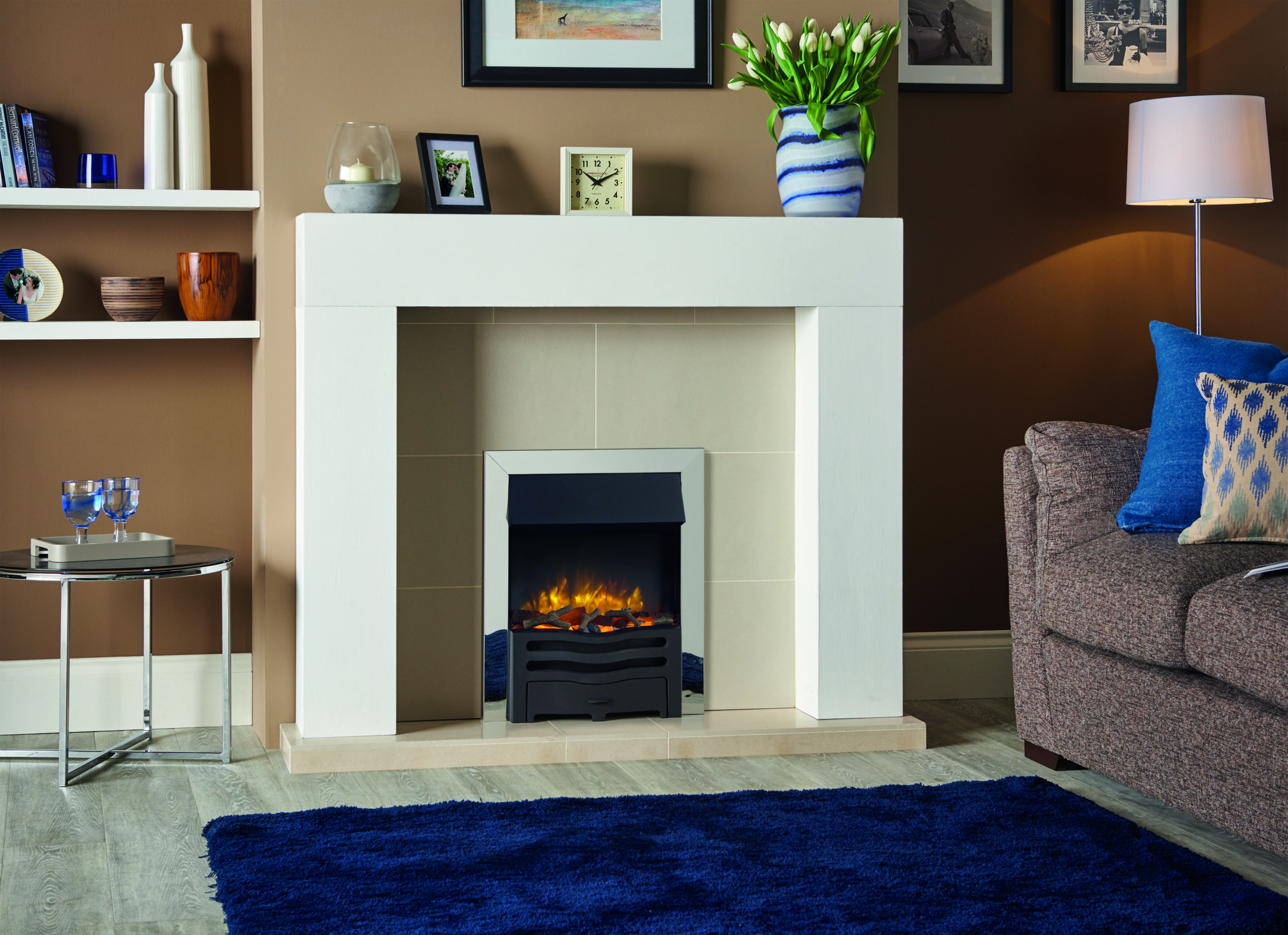 Logic2 electric wave with polished steel effect and matt black front with log effect fuel bed