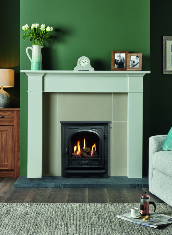 Stovax & Gazco Logic HE fire with Coal-effect fuel bed, shown with Stockton front and Grey Brompton Mantel