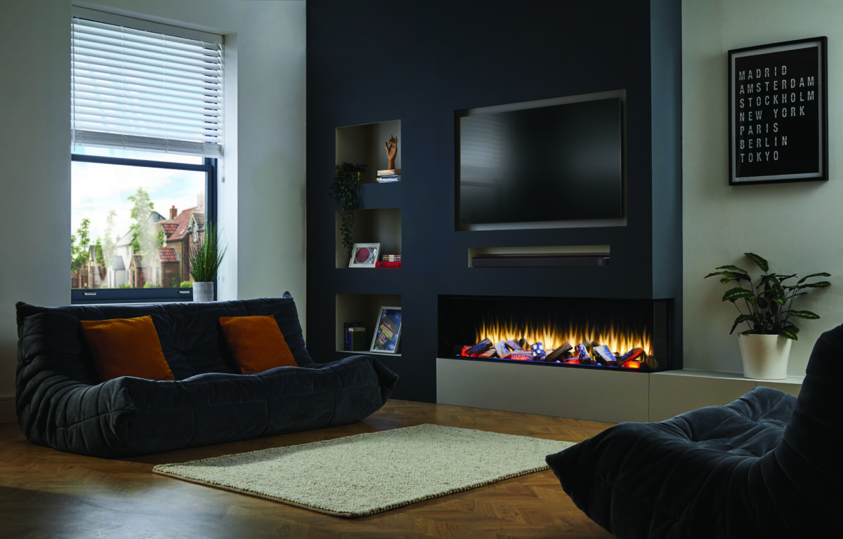 iRange i1500e Deep Media Wall Lights Off with Quartered Split Logs Two Sided
